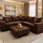 5 Seater Walnut Chesterfield Corner Sofa – Elegant Luxury Buttoned Design