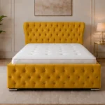 Mustard Yellow Double Oxford Bed with Mattress – 4ft 6in Luxury Upholstered Design