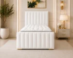 Alabaster White Single Bed – Modern Upholstered Panel Frame with Elegant Statement Headboard