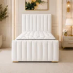 Alabaster White Single Bed – Modern Upholstered Panel Frame with Elegant Statement Headboard