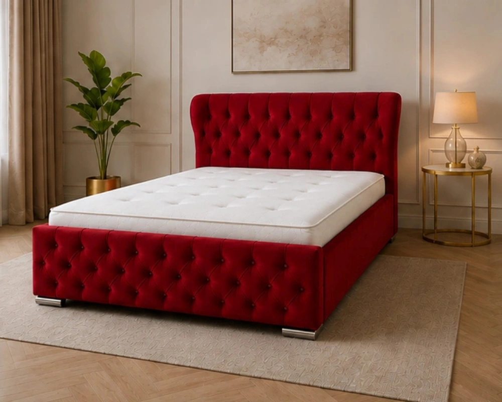 12 Contemporary red Upholstered Bed Burgundy Red King Oxford Bed – Stylish 180 × 200 cm Upholstered Design with Mattress - Image 1