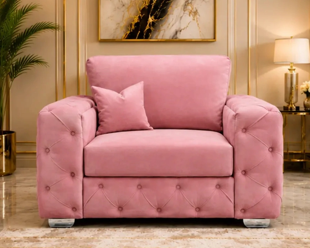 12 Elegant Lounge Chair with Decorative Buttoned Base Design Pink 1 Seater Sofa - Luxury Plush Accent Chair with Designer Button Detail - Image 1
