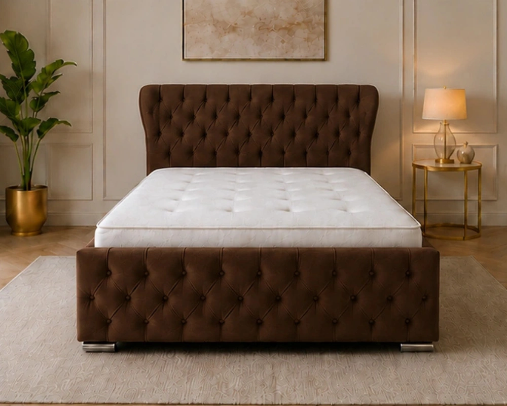 14 Oxford Decorative Wingback Headboard Bed Espresso Brown Oxford Double Bed – Elegant Padded Headboard with Premium Mattress - Image 1