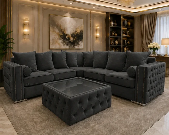 Luxury 5 Seater Dark Grey Corner Sofa - Modern Designer Living Room Sofa