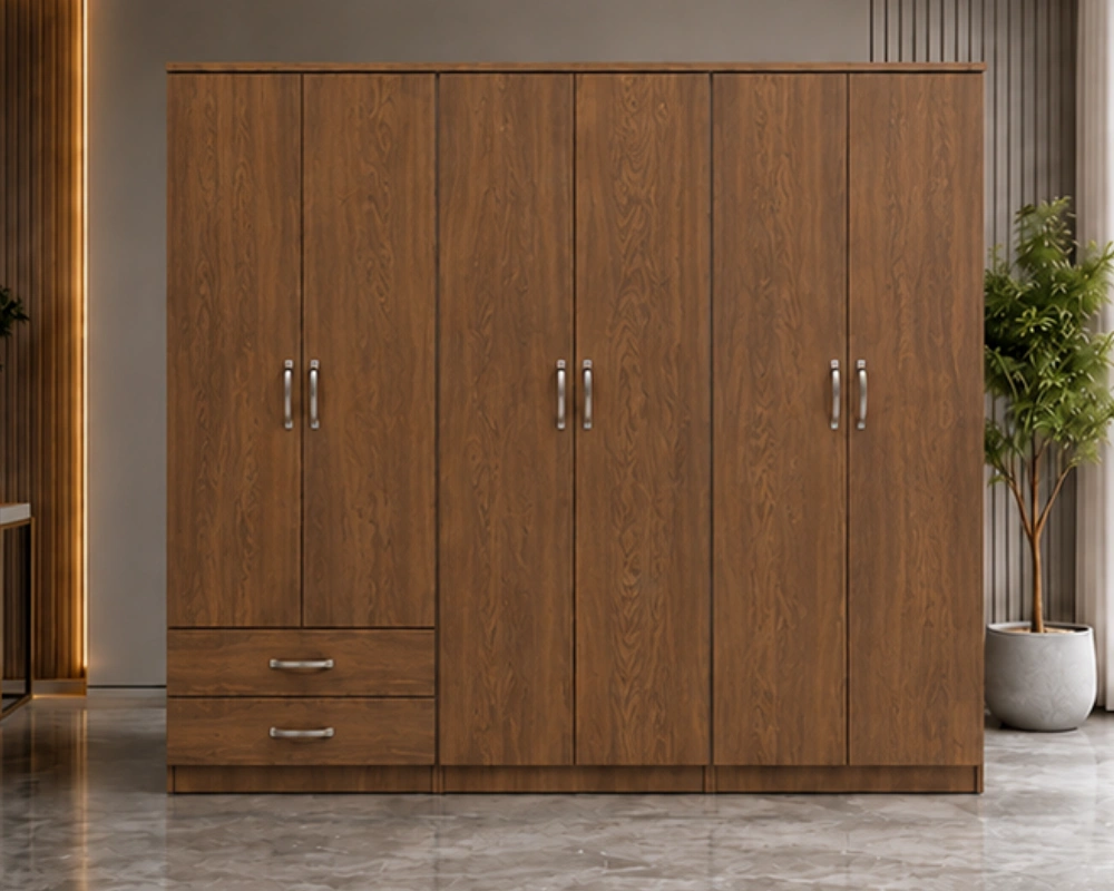 22 6 Door Wardrobe with 2 Storage Drawers Modern Home Furniture Modern 6 Door Clothes Cabinet with Bottom Storage Drawers - Image 1