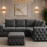 Dark Grey 4 Seater L Shape Sofa – Elegant Deep Button Tufted Corner Couch