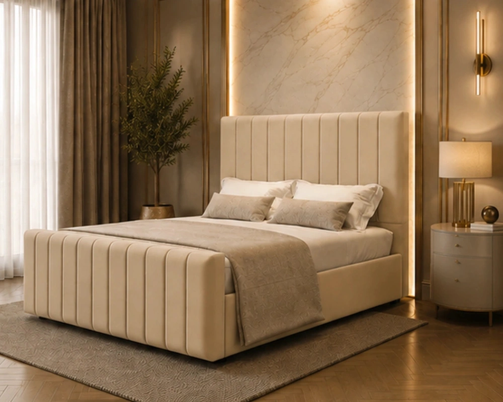 3 Modern Minimalist Frame with Premium Upholstered Headboard for Home Sophisticated Beige Super King Bed – Luxury 6ft Panelled Bedroom Design - Image 1