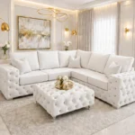 5 Seater White Corner Sofa - Luxury Button Tufted Sofa for Modern Living Room