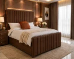 Elegant Brown King Bed with Mattress – Modern Padded Panel Headboard