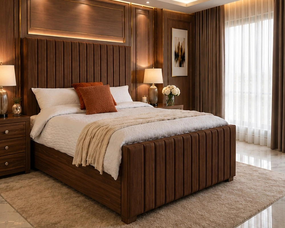 4 Modern Comfortable Double Bed with Soft Upholstered Headboard and Strong Frame Structure Elegant Brown King Bed with Mattress – Modern Padded Panel Headboard - Image 1