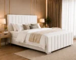 Porcelain White Upholstered Double Bed – Stylish Padded Headboard Design - Image 3