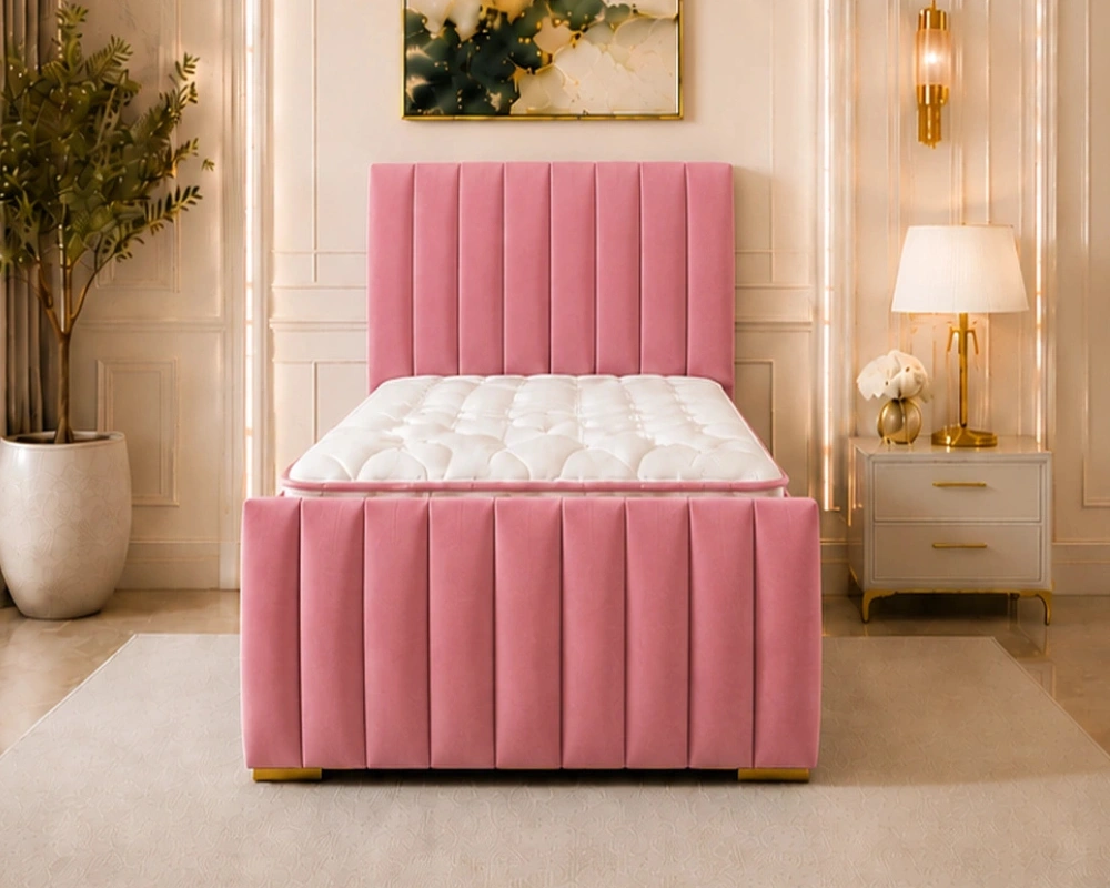 4 Stylish Padded Bed Frame With Elegant Headboard Berry Pink Panel Single Bed – Contemporary 3ft Frame with Sophisticated Tall Headboard - Image 1