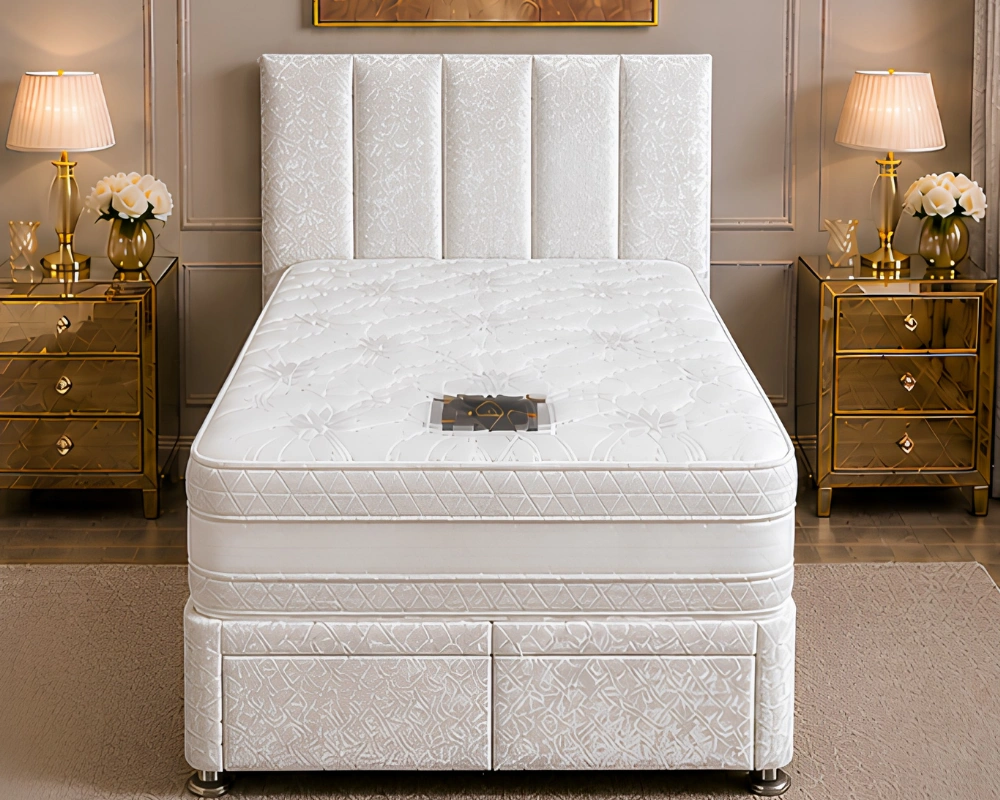 42 Single White Divan Bed Ivory Single Divan Bed – 90×190cm with Mattress & Drawers– Elegant Off-White Single Bed - Image 1