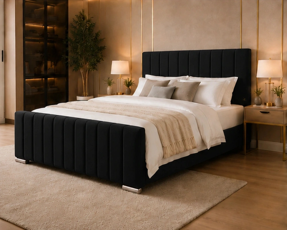 5 Contemporary Style with Soft Padding and a Luxurious Upholstered Finish Luxury Black Super King Bed with Mattress – Sleek 6ft Panelled Design - Image 1