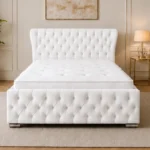 Pearl White Double Oxford Bed – Stylish 160 × 200 cm Upholstered Design with Mattress
