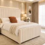 Cream Luxe King Bed with Mattress – Premium Upholstered Panel Headboard