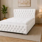 Snow White Oxford King Bed – Sophisticated 5ft Frame with Plush Upholstery & Mattress