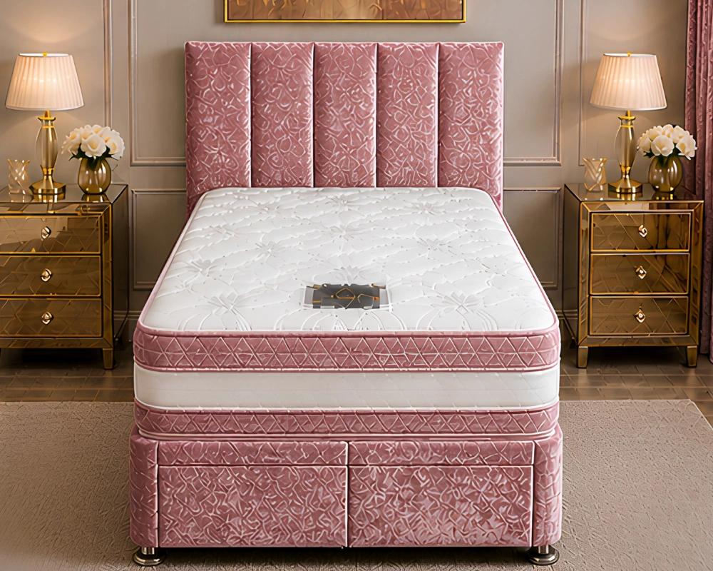 53 Blush Pink Single Divan Bed Rosewood Pink Divan Bed – Mattress & Built-In Drawer Storage-3ft Bed with Mattress - Image 1