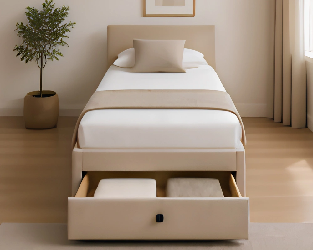 58 Cream Beige 3ft Divan Bed Sand Beige Storage Divan – 3ft | 90 × 190 cm with Quilted Finish - Image 1