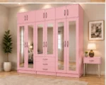 Soft Pink Bedroom Wardrobe – Modern 6 Door Mirrored Storage Design - Image 2