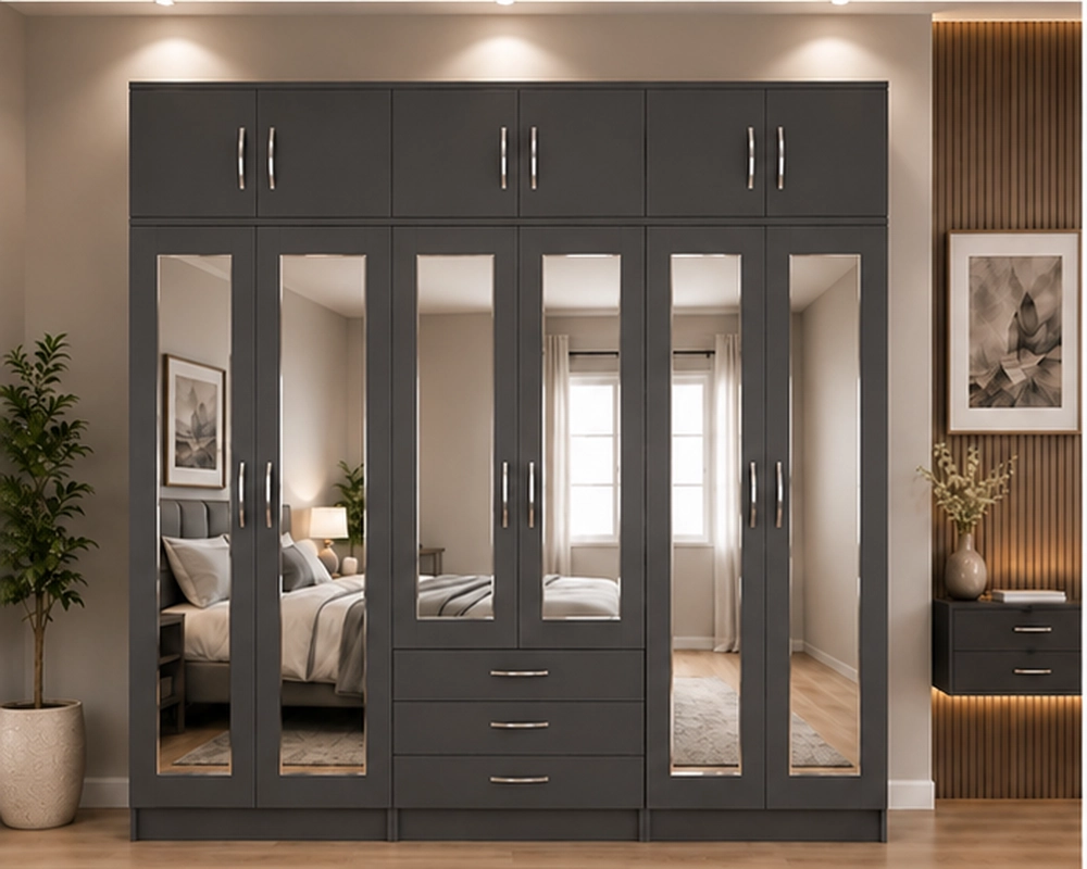 6 Door Sliding Style Wardrobe with Mirrors and Drawers - Copy Smoky Grey 6 Door Wardrobe – Contemporary Design with Central Drawers - Image 1