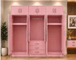 Soft Pink Bedroom Wardrobe – Modern 6 Door Mirrored Storage Design - Image 3