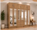 Rustic Oak 6 Door Bedroom Wardrobe – Stylish Mirrored Doors & Drawer Unit - Image 3