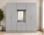 Modern Ash Grey Wardrobe – Six Door Design with Mirror & Drawers