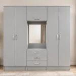 Modern Ash Grey Wardrobe – Six Door Design with Mirror & Drawers
