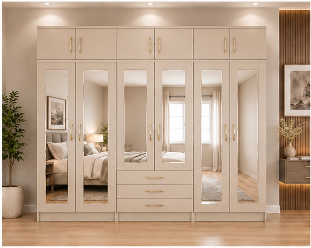 6 Door Wardrobe with Mirrors and Drawers – Large Bedroom Storage Sand Beige Mirror Wardrobe – Six Door Design for Contemporary Bedrooms - Image 1