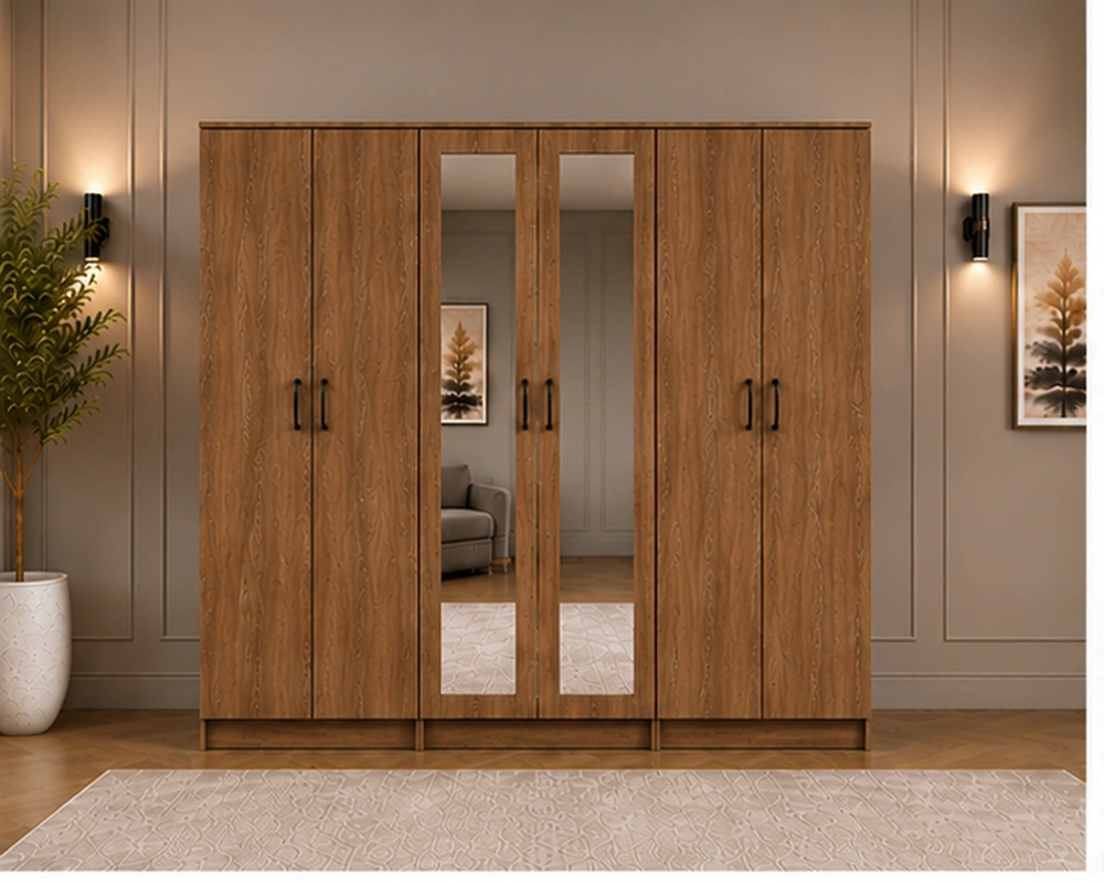 6-Door Wood Front View Modern Natural Wood 6 Door Wardrobe with 2 Mirrors Spacious Bedroom Storage - Custom Colours & Sizes Available - Image 1