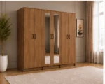 Modern Natural Wood 6 Door Wardrobe with 2 Mirrors Spacious Bedroom Storage - Custom Colours & Sizes Available - Image 3