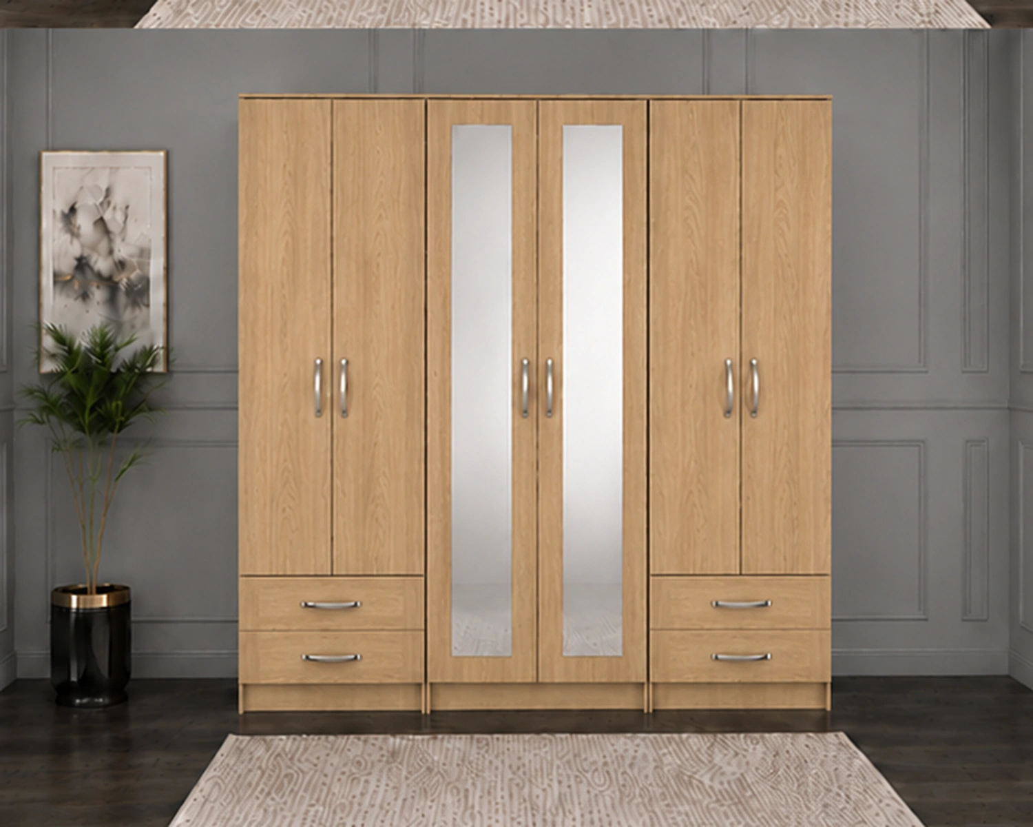 6 Door Wooden Wardrobe – Spacious Storage with Elegant Design Contemporary 6 Door Wardrobe with Full-Length Mirror Doors | Premium Storage Cabinet with Spacious Drawers for Modern Bedrooms - Image 1
