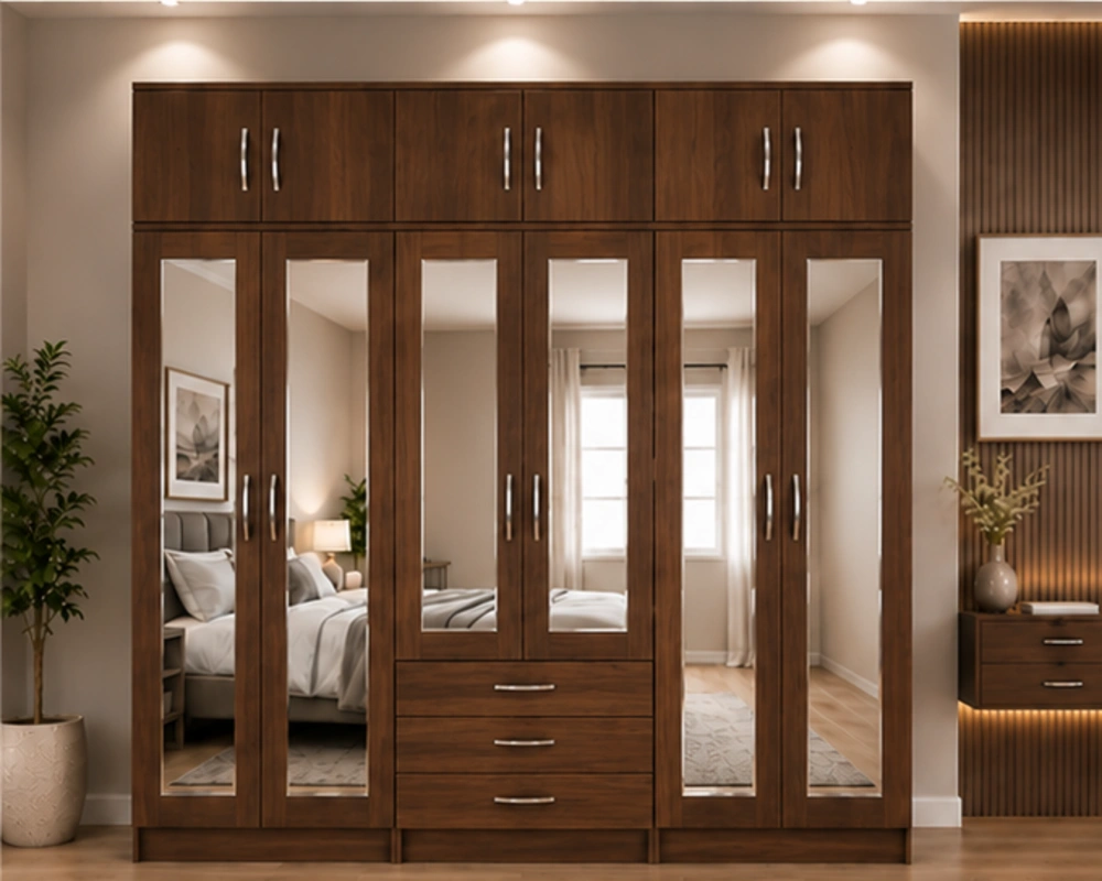 6 Door wardrobe luxury - Copy Chocolate Walnut Wardrobe – Large 6 Door Design with Mirror Panels - Image 1