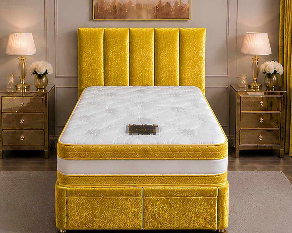 61 Golden Yellow Single Divan Bed Honey Gold 3ft Divan Bed –90 × 190 cm with Mattress Included–Spacious Storage - Image 1