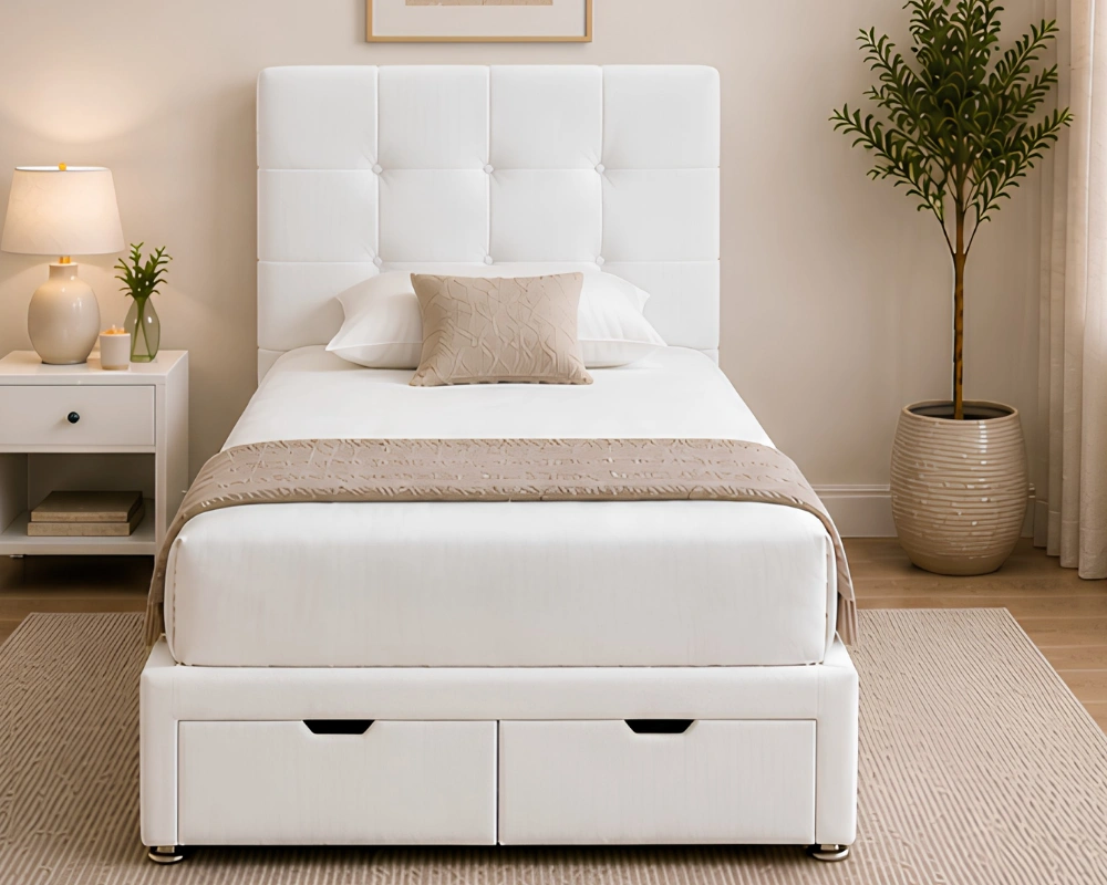 63 Pure White 3ft Divan Bed Classic Ivory Single Divan – 3ft | 90 × 190 cm with Comfortable Mattress & Drawers - Image 1