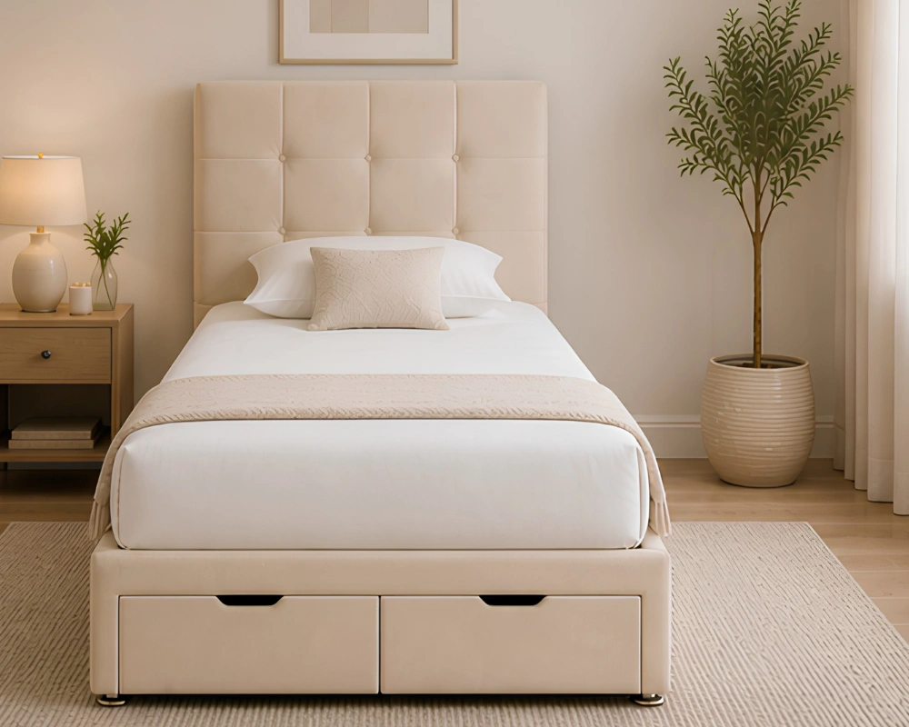 66 Luxury Beige 3ft Divan Bed Sandstone 3ft Divan – 90 × 190 cm with Padded Finish & Drawer Storage - Image 1