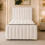 Ivory White Single Panel Bed – Elegant 3ft Upholstered Frame with Tall Padded Headboard