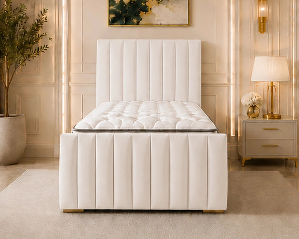 7 Classic Upholstered Bed With Deep Tufted Padding Ivory White Single Panel Bed – Elegant 3ft Upholstered Frame with Tall Padded Headboard - Image 1