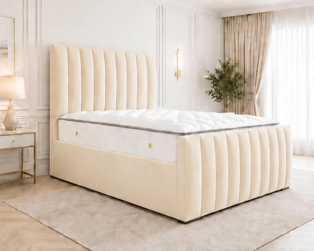 7 Contemporary Platform Bed with Sleek Panel Style Luxe Ivory King Bed with Mattress – Sophisticated Upholstered Bedroom Design - Image 1
