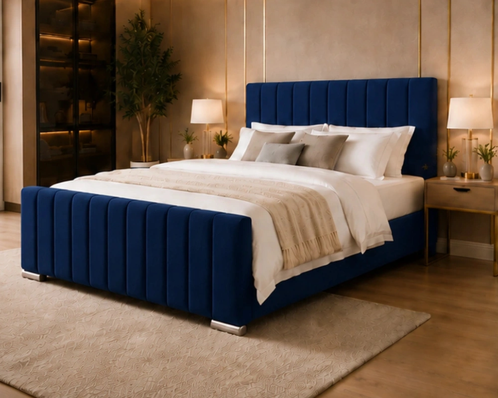 7 Contemporary Upholstered Frame with Refined Details for a Modern Home Modern Blue Super King Panel Bed – Stylish 6ft Frame with Mattress - Image 1