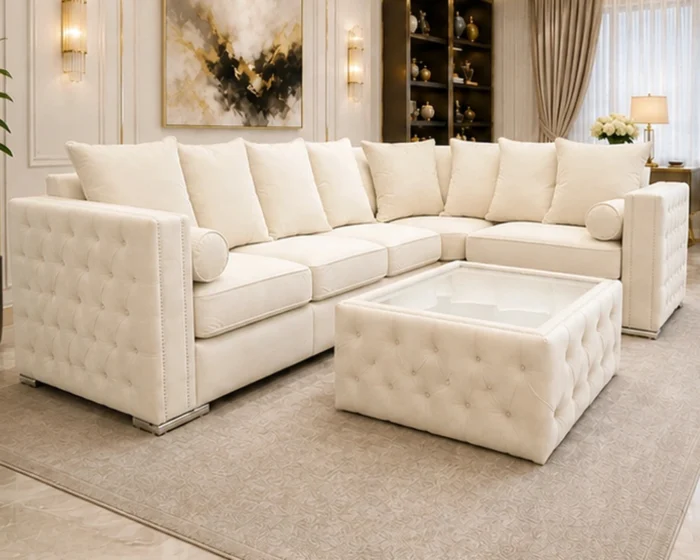 Cream 5 Seater Sofa – Elegant Quilted Luxury Sofa with Gold Accents