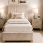 Latte Beige Upholstered Bed – 3ft | 90 × 190 cm with Mattress & Storage