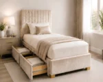 Latte Beige Upholstered Bed – 3ft | 90 × 190 cm with Mattress & Storage - Image 4