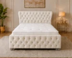 Pearl Off White Oxford Bed – Stylish 160 × 200 cm Upholstered Frame with Mattress