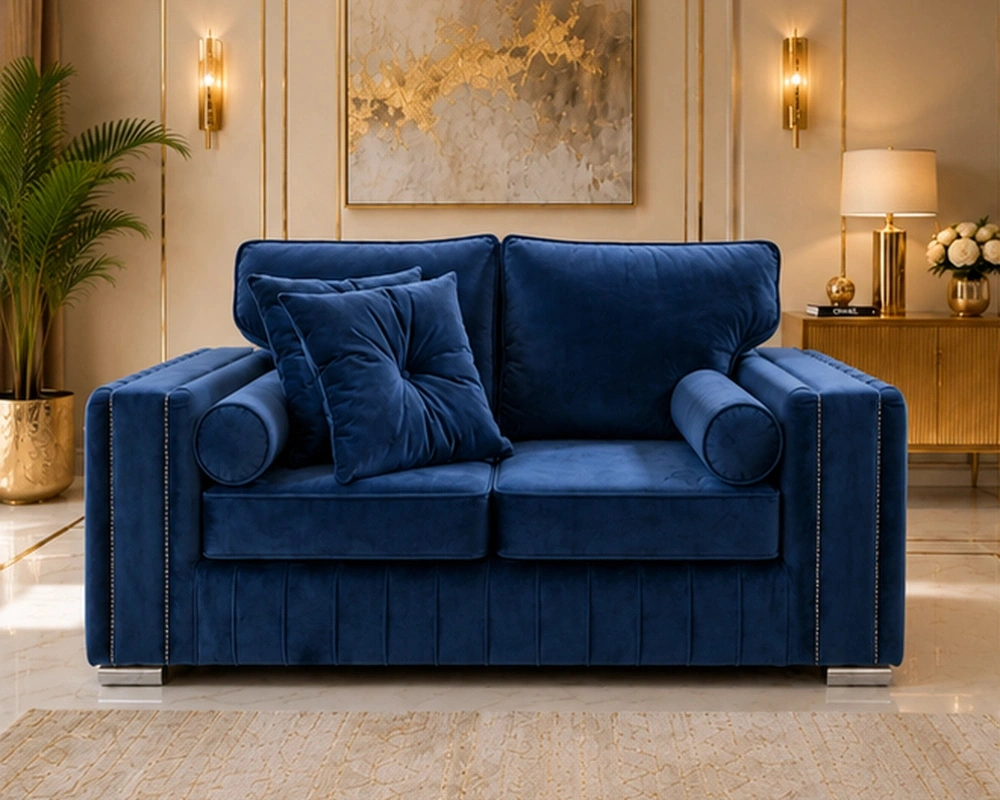 8 Contemporary Luxury 2 Seater Sofa for Elegant Homes Modern 2 Seater Sofa – Elegant Dark Blue Velvet Sofa with Cushioned Back & Gold Detail - Image 1