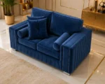 Modern 2 Seater Sofa – Elegant Dark Blue Velvet Sofa with Cushioned Back & Gold Detail - Image 2
