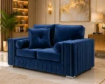 Modern 2 Seater Sofa – Elegant Dark Blue Velvet Sofa with Cushioned Back & Gold Detail - Image 4