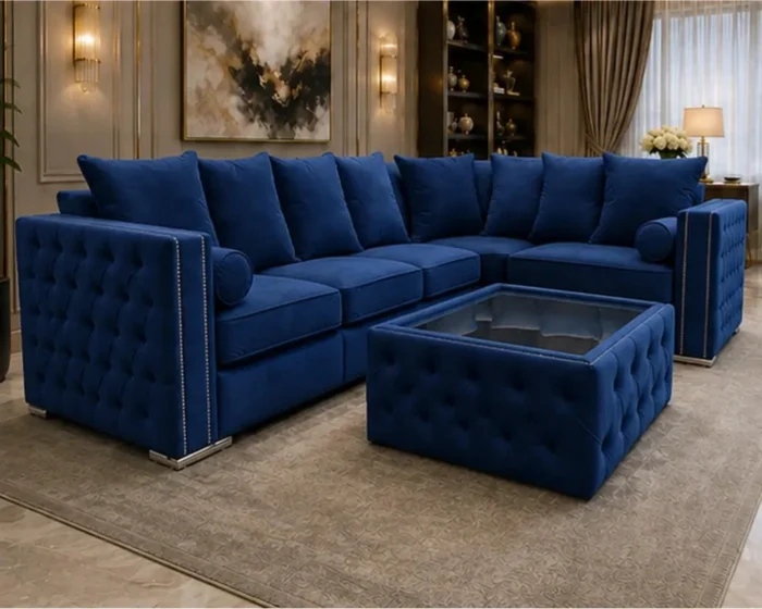 Luxury 5 Seater Dark Blue Sofa – Modern Plush Fabric Corner Style Living Room Sofa