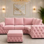 Rose Pink 4 Seater Sofa – Plush Buttoned Seating with Elegant Padded Arms